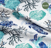 Turquoise Blue Coral Sea Turtle Marine Pattern Digital Printed Fabric